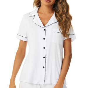 Aamikast Button Up Pajama Set for Women Shorts Short Sleeve Knit Sleepwear 2 Pice Pjs Sets