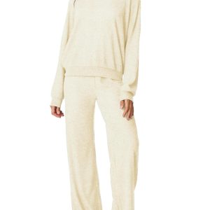 Aamikast Women's 2-Piece Lounge Set Soft Brushed Jersey Sleepwear Pajamas Set Long Sleeve Top & Wide Leg Pants