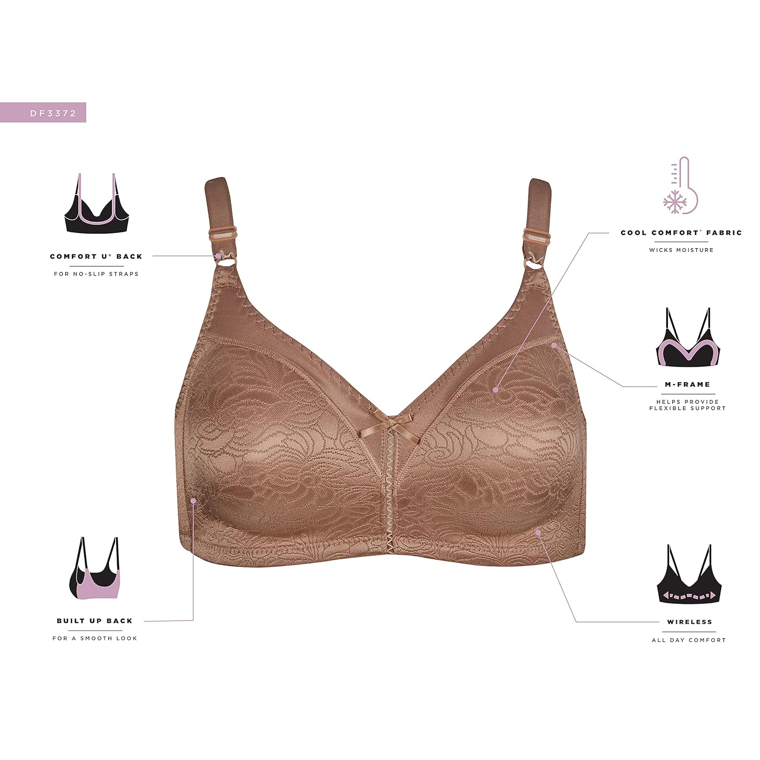 Bali Women's Double Support Wireless, Lace Bra with Stay-in-Place Straps, Full-Coverage
