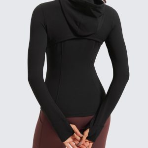 CRZ YOGA Butterluxe Womens Hooded Workout Jacket Athletic Running Zip Up with Back Mesh Vent and Thumb Holes