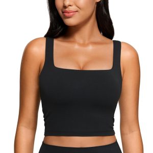 CRZ YOGA Butterluxe Womens Square Neck Longline Sports Bra - Workout Crop Tank Tops Padded Yoga Camisole with Built in Pads