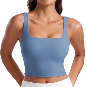 CRZ YOGA Butterluxe Womens Square Neck Longline Sports Bra - Workout Crop Tank Tops Padded Yoga Camisole with Built in Pads