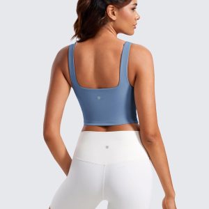 CRZ YOGA Butterluxe Womens Square Neck Longline Sports Bra - Workout Crop Tank Tops Padded Yoga Camisole with Built in Pads