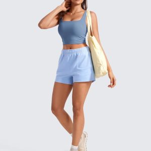 CRZ YOGA Butterluxe Womens Square Neck Longline Sports Bra - Workout Crop Tank Tops Padded Yoga Camisole with Built in Pads