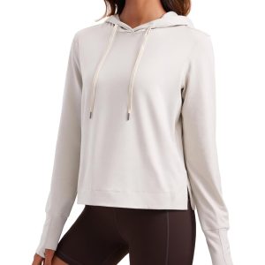 CRZ YOGA Cloud Jersey Pullover Hoodies for Women Long Sleeve Hooded Workout Sweat Shirts Casual Yoga Tops with Thumb Holes