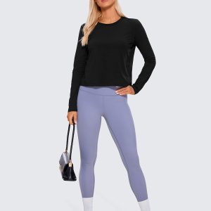 CRZ YOGA Pima Cotton Long Sleeve Workout Shirts for Women Loose Cropped Tops Athletic Sports T-Shirt