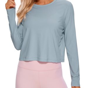 CRZ YOGA Pima Cotton Long Sleeve Workout Shirts for Women Loose Cropped Tops Athletic Sports T-Shirt