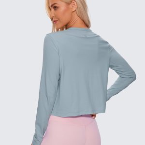 CRZ YOGA Pima Cotton Long Sleeve Workout Shirts for Women Loose Cropped Tops Athletic Sports T-Shirt