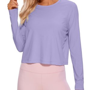 CRZ YOGA Pima Cotton Long Sleeve Workout Shirts for Women Loose Cropped Tops Athletic Sports T-Shirt