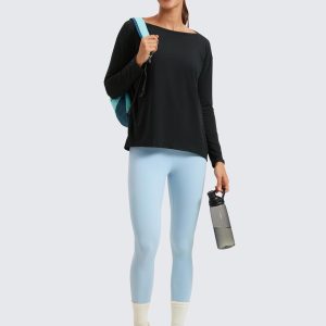 CRZ YOGA Pima Cotton Long Sleeve Workout Shirts for Women Loose Fit Athletic Yoga T-Shirts Casual Boat Neck Fall Tops