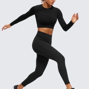 CRZ YOGA Seamless Long Sleeve Shirts for Women Workout Athletic Crop Tops Cropped Running Gym Yoga T-Shirts