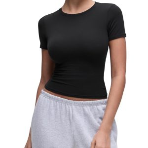 CRZ YOGA Softembrace Short Sleeve Going Out Tops for Women Soft High Crew Neck Casual Tight Shirts Fitted Basic T-Shirts