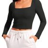CRZ YOGA Womens Butterluxe Double Lined Long Sleeve Crop Top Square Neck Workout Athletic Casual Cropped Fitted Basic Shirts