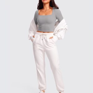 CRZ YOGA Womens Butterluxe Double Lined Long Sleeve Crop Top Square Neck Workout Athletic Casual Cropped Fitted Basic Shirts