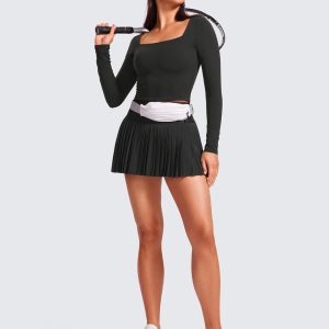 CRZ YOGA Womens Butterluxe Double Lined Long Sleeve Crop Top Square Neck Workout Athletic Casual Cropped Fitted Basic Shirts