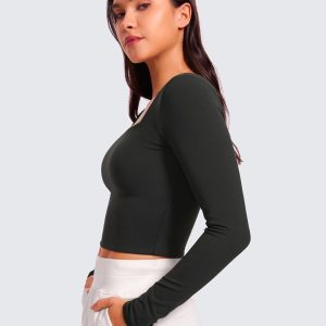 CRZ YOGA Womens Butterluxe Double Lined Long Sleeve Crop Top Square Neck Workout Athletic Casual Cropped Fitted Basic Shirts