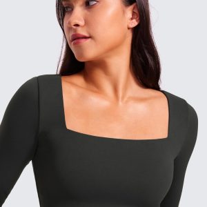 CRZ YOGA Womens Butterluxe Double Lined Long Sleeve Crop Top Square Neck Workout Athletic Casual Cropped Fitted Basic Shirts