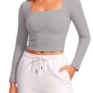 CRZ YOGA Womens Butterluxe Double Lined Long Sleeve Crop Top Square Neck Workout Athletic Casual Cropped Fitted Basic Shirts