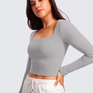 CRZ YOGA Womens Butterluxe Double Lined Long Sleeve Crop Top Square Neck Workout Athletic Casual Cropped Fitted Basic Shirts
