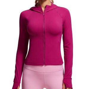 CRZ YOGA Womens Butterluxe Full Zip Workout Hoodie Jackets Slim Fit Hooded Athletic Yoga Lightweight Jacket with Thumb Holes