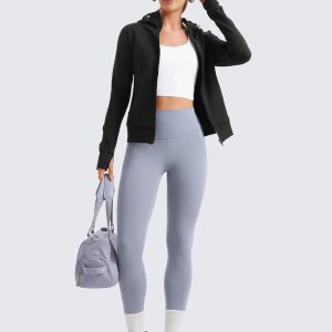 CRZ YOGA Womens Fleece Full Zip Hoodie Jackets Workout Hooded Zipper Basic Casual Sweatshirts with Thumb Holes