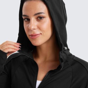 CRZ YOGA Womens Fleece Full Zip Hoodie Jackets Workout Hooded Zipper Basic Casual Sweatshirts with Thumb Holes