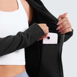 CRZ YOGA Womens Fleece Full Zip Hoodie Jackets Workout Hooded Zipper Basic Casual Sweatshirts with Thumb Holes