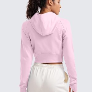 CRZ YOGA Womens Fleece Zip Up Cropped Hoodie Workout Jacket Athletic Casual Long Sleeve Sweatshirts with Thumb Holes