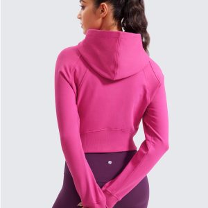CRZ YOGA Womens Fleece Zip Up Cropped Hoodie Workout Jacket Athletic Casual Long Sleeve Sweatshirts with Thumb Holes