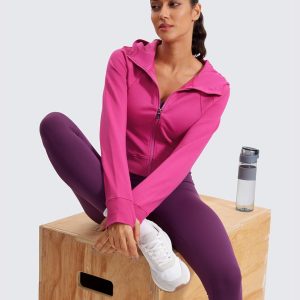 CRZ YOGA Womens Fleece Zip Up Cropped Hoodie Workout Jacket Athletic Casual Long Sleeve Sweatshirts with Thumb Holes