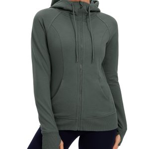 CRZ YOGA Women's Full Zip Hooded Sweatshirts Workout Sweat Jackets Slim Fit Running Track Hoodies with Thumbholes