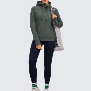 CRZ YOGA Women's Full Zip Hooded Sweatshirts Workout Sweat Jackets Slim Fit Running Track Hoodies with Thumbholes