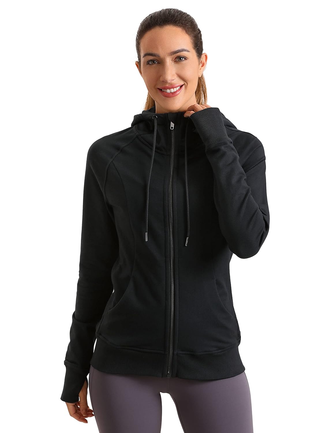 CRZ YOGA Women's Full Zip Hooded Sweatshirts Workout Sweat Jackets Slim Fit Running Track Hoodies with Thumbholes