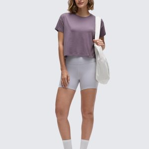 CRZ YOGA Women's Pima Cotton Workout Short Sleeve Shirts Loose Athletic Crop Tops Gym Casual Cropped T-Shirt