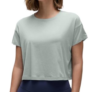 CRZ YOGA Women's Pima Cotton Workout Short Sleeve Shirts Loose Athletic Crop Tops Gym Casual Cropped T-Shirt