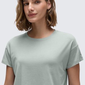 CRZ YOGA Women's Pima Cotton Workout Short Sleeve Shirts Loose Athletic Crop Tops Gym Casual Cropped T-Shirt