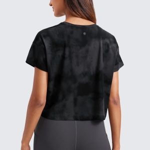 CRZ YOGA Women's Pima Cotton Workout Short Sleeve Shirts Loose Athletic Crop Tops Gym Casual Cropped T-Shirt