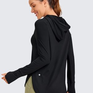 CRZ YOGA Workout Long Sleeve Shirt for Women Hoodie Pullover Athletic Hooded Sweatshirts Sports Gym Tops with Thumbhole