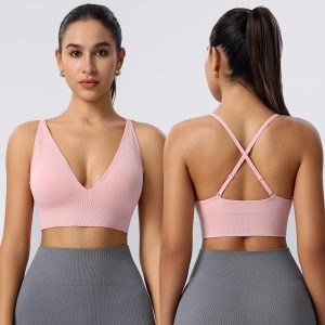 Evercute Women's Sports Bras Adjustable Deep V Neck Bras High Waist Gym Shorts Set Size L