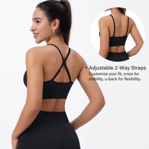 Evercute Women's Sports Bras Adjustable Deep V Neck Bras Set with Shorts Wireless Spaghetti Strap Sexy Bras Size M