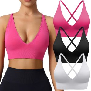 Evercute Women's Sports Bras Adjustable Deep V Neck Wireless Bras Set Size L