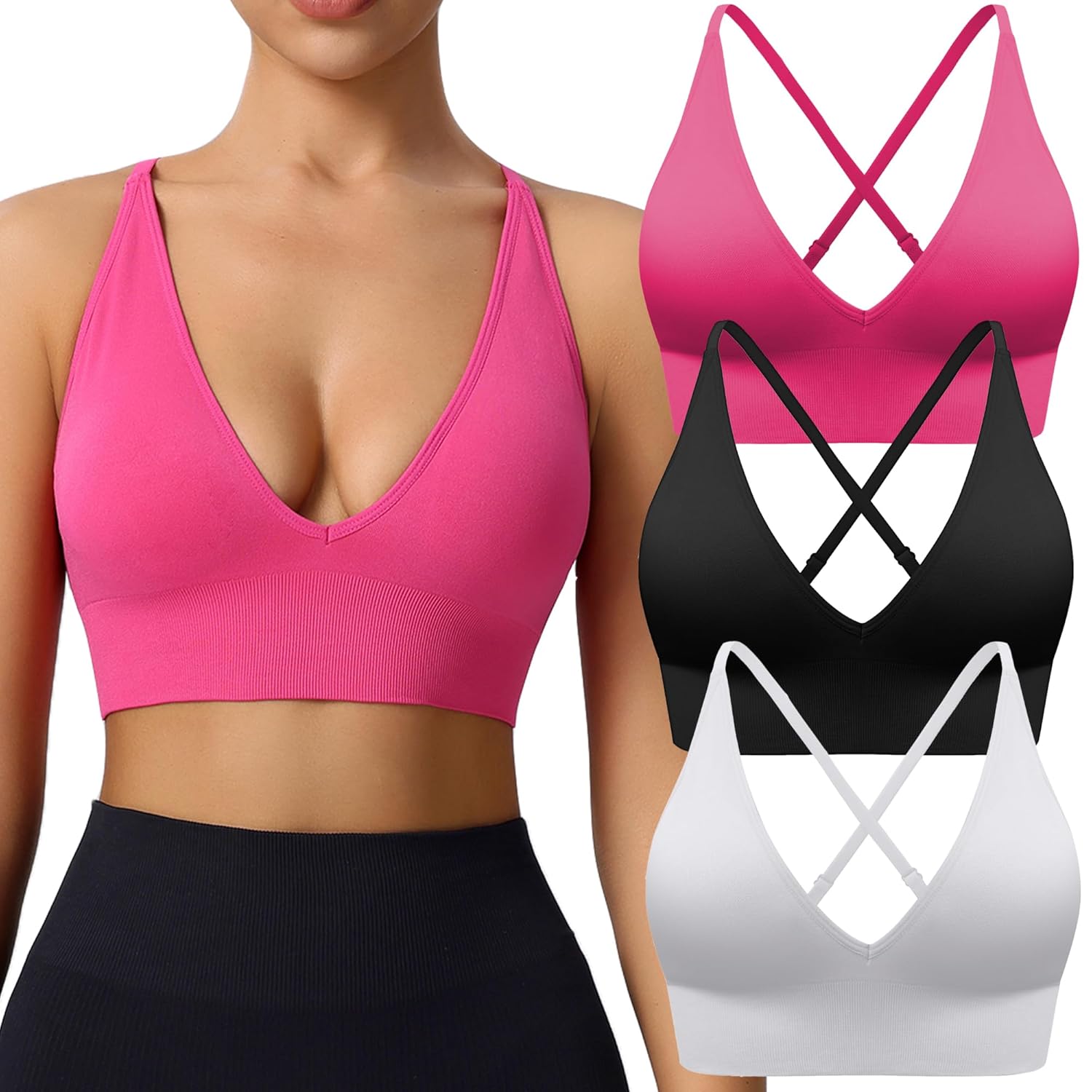 Evercute Women's Sports Bras Adjustable Deep V Neck Wireless Bras Set Size L