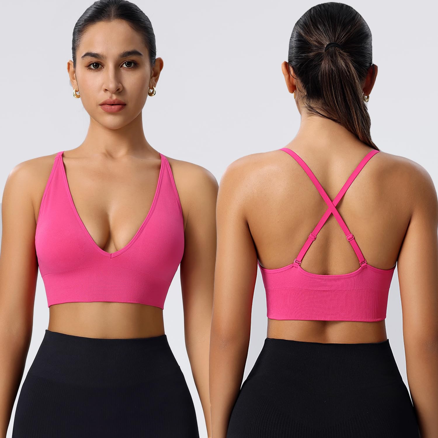 Evercute Women's Sports Bras Adjustable Deep V Neck Wireless Bras Set Size L