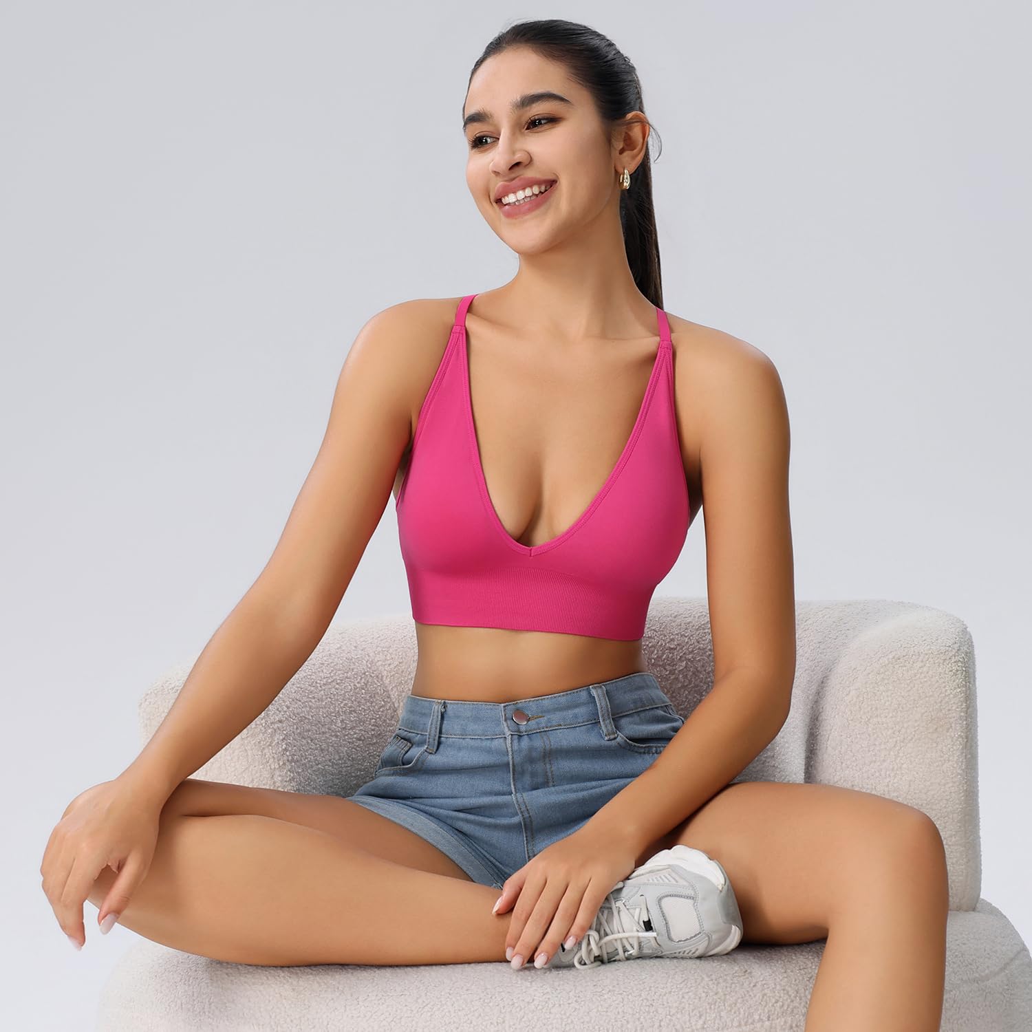 Evercute Women's Sports Bras Adjustable Deep V Neck Wireless Bras Set Size L