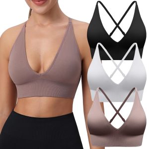 Evercute Women's Sports Bras Pack with Shorts Adjustable Deep V Neck Bras Criss Cross Padded Bras Size L