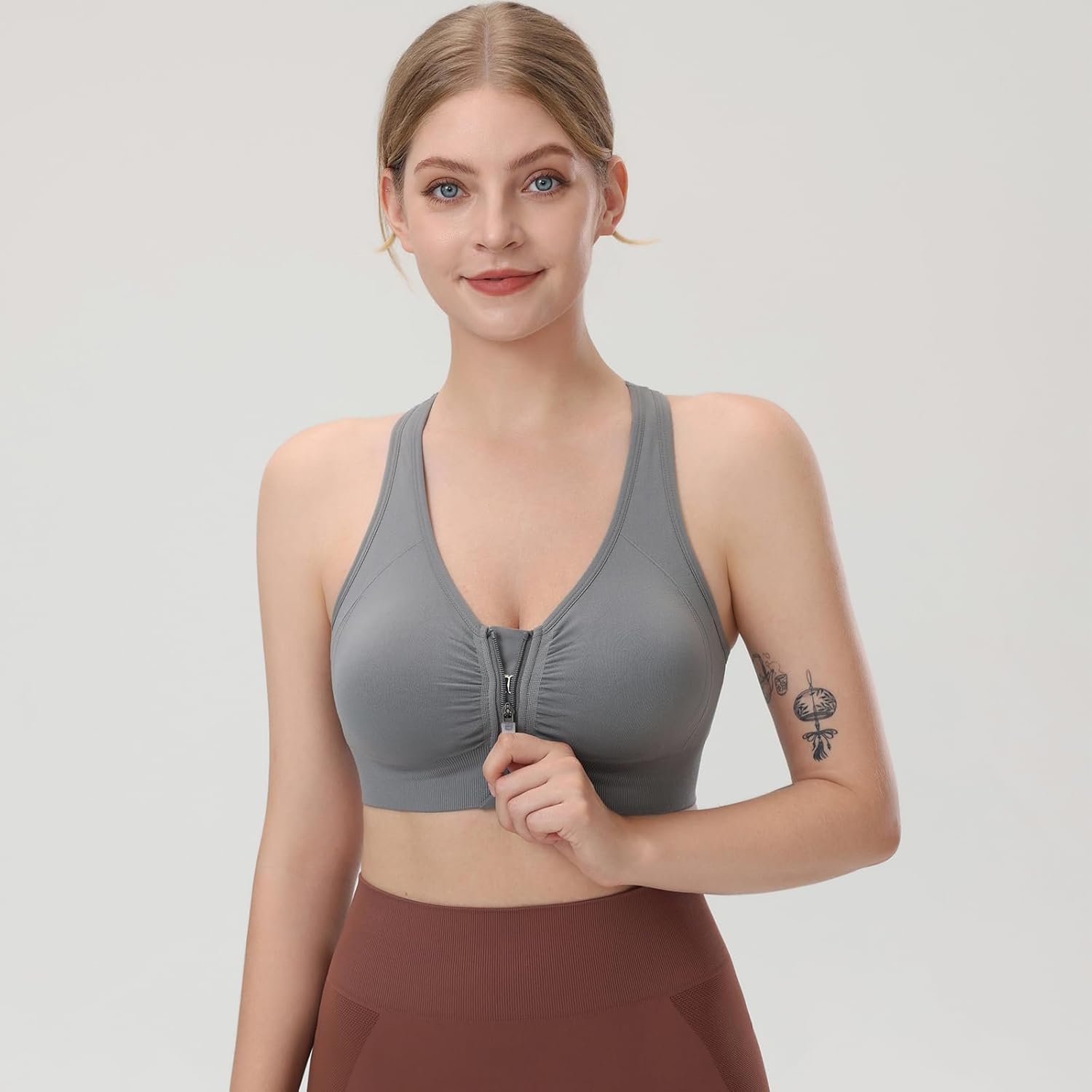 Evercute Women's Zip Front Sports Bras Shorts Pack Wireless Padded Medium Support Post-Surgery Bra Size M