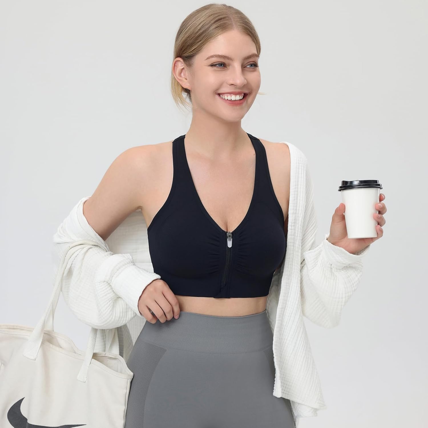 Evercute Women's Zip Front Sports Bras Shorts Pack Wireless Padded Medium Support Post-Surgery Bra Size M