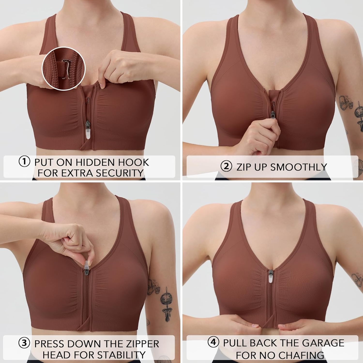 Evercute Women's Zip Front Sports Bras Shorts Pack Wireless Padded Medium Support Post-Surgery Bra Size M