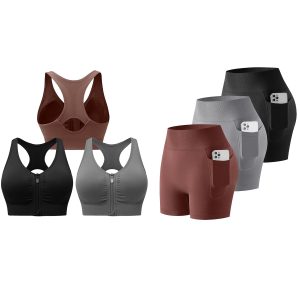 Evercute Women's Zip Front Sports Bras Shorts Set Wireless Padded Racerback Medium Support Bra Size M