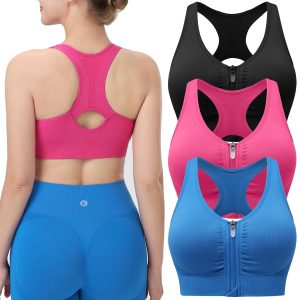 Evercute Women's Zip Front Sports Bras Whith Shorts Pack Wireless Padded Racerback Medium Support Yoga Athletic Bras Size M
